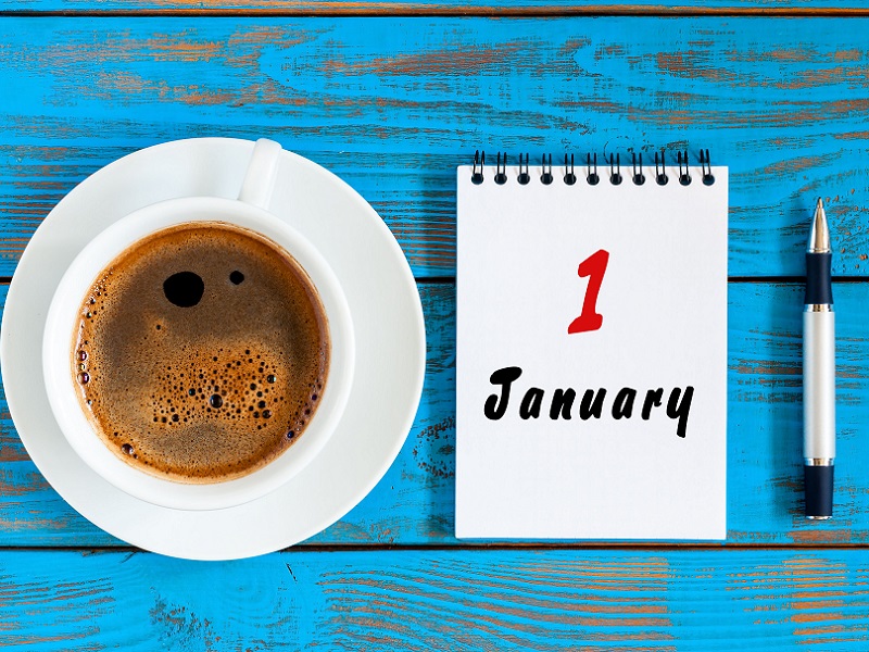 cup of coffee and calendar 1st January